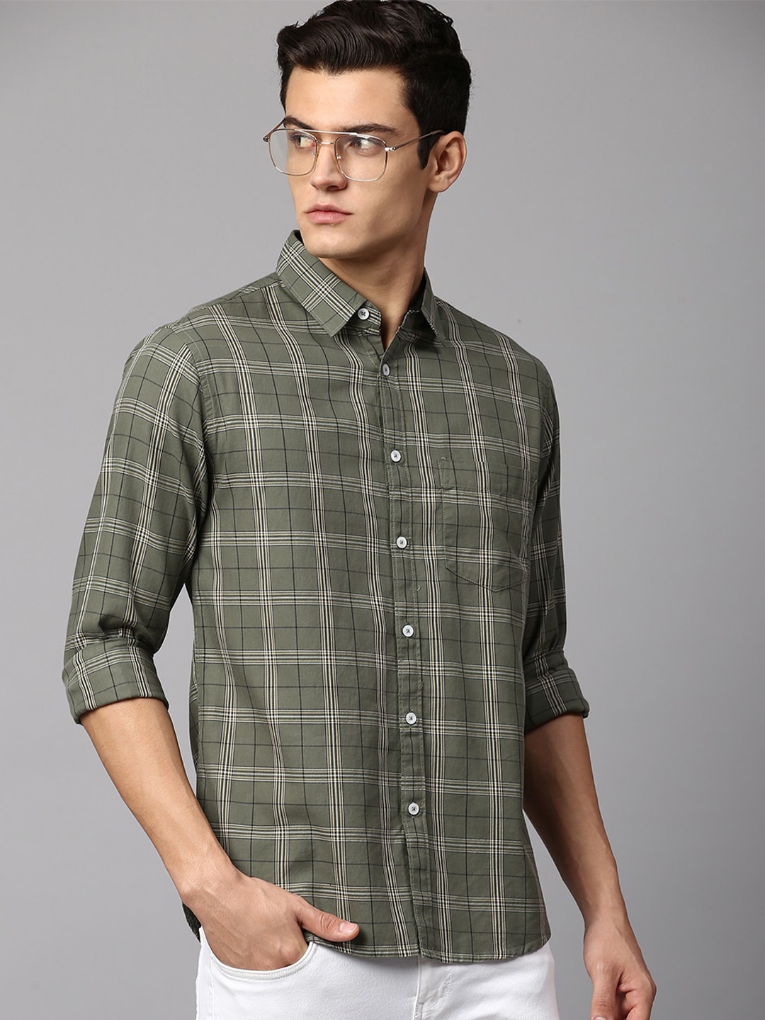 

Dennis Lingo Men Slim Fit Tartan Checks Checked Cotton Casual Shirt, Green