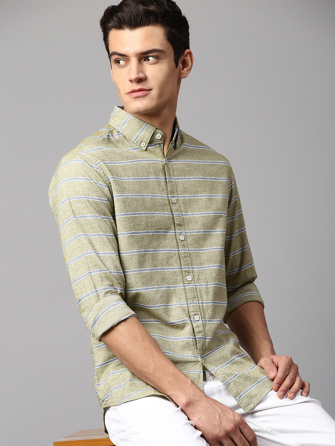 

Dennis Lingo Men Slim Fit Horizontal Stripes Striped Cotton Casual Shirt, Green