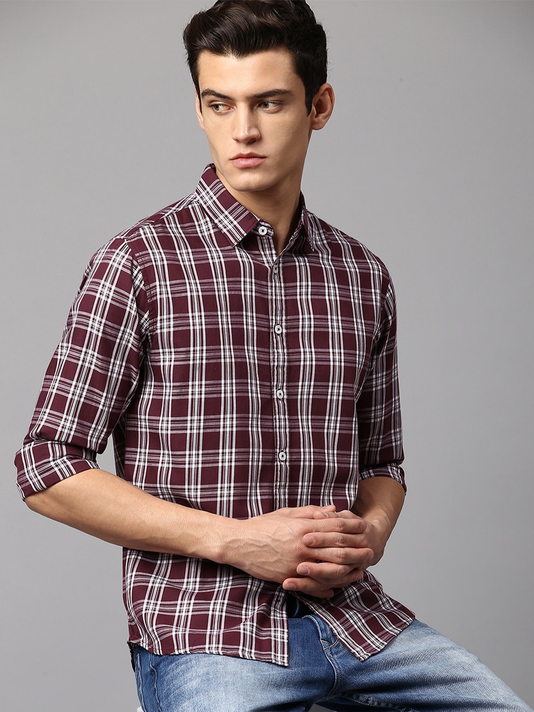 

Dennis Lingo Men Slim Fit Tartan Checks Checked Cotton Casual Shirt, Burgundy