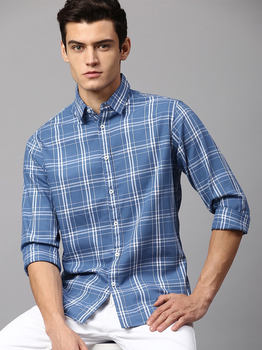 

Dennis Lingo Men Slim Fit Tartan Checks Checked Cotton Casual Shirt, Blue