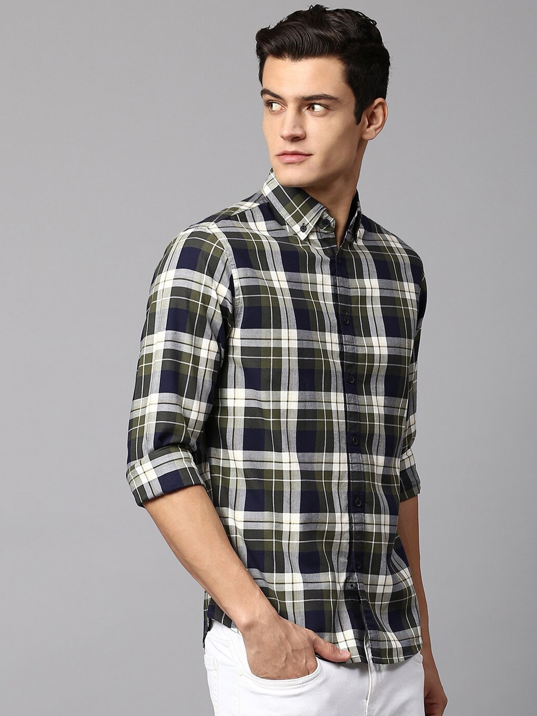 

Dennis Lingo Men Slim Fit Tartan Checks Checked Cotton Casual Shirt, Green