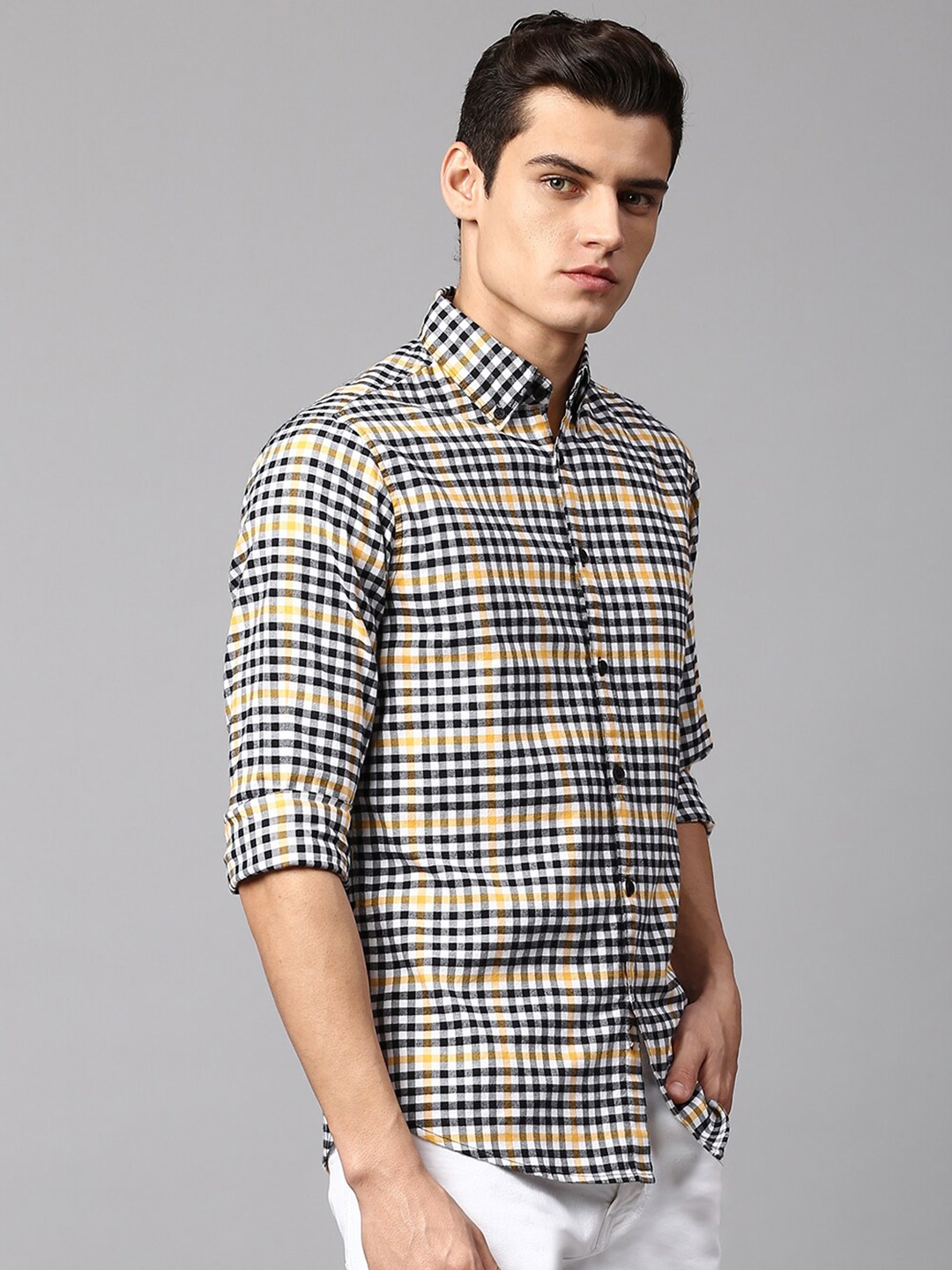 

Dennis Lingo Men Slim Fit Gingham Checks Checked Cotton Casual Shirt, Yellow