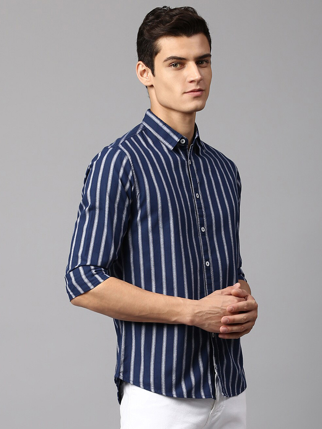 

Dennis Lingo Men Slim Fit Striped Cotton Casual Shirt, Navy blue