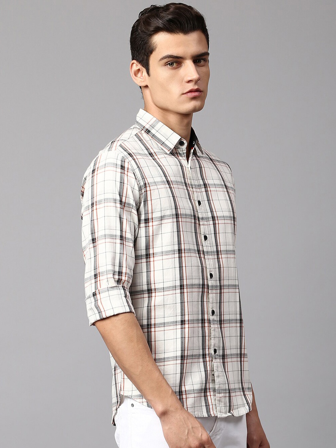 

Dennis Lingo Men Slim Fit Tartan Checks Checked Cotton Casual Shirt, Cream