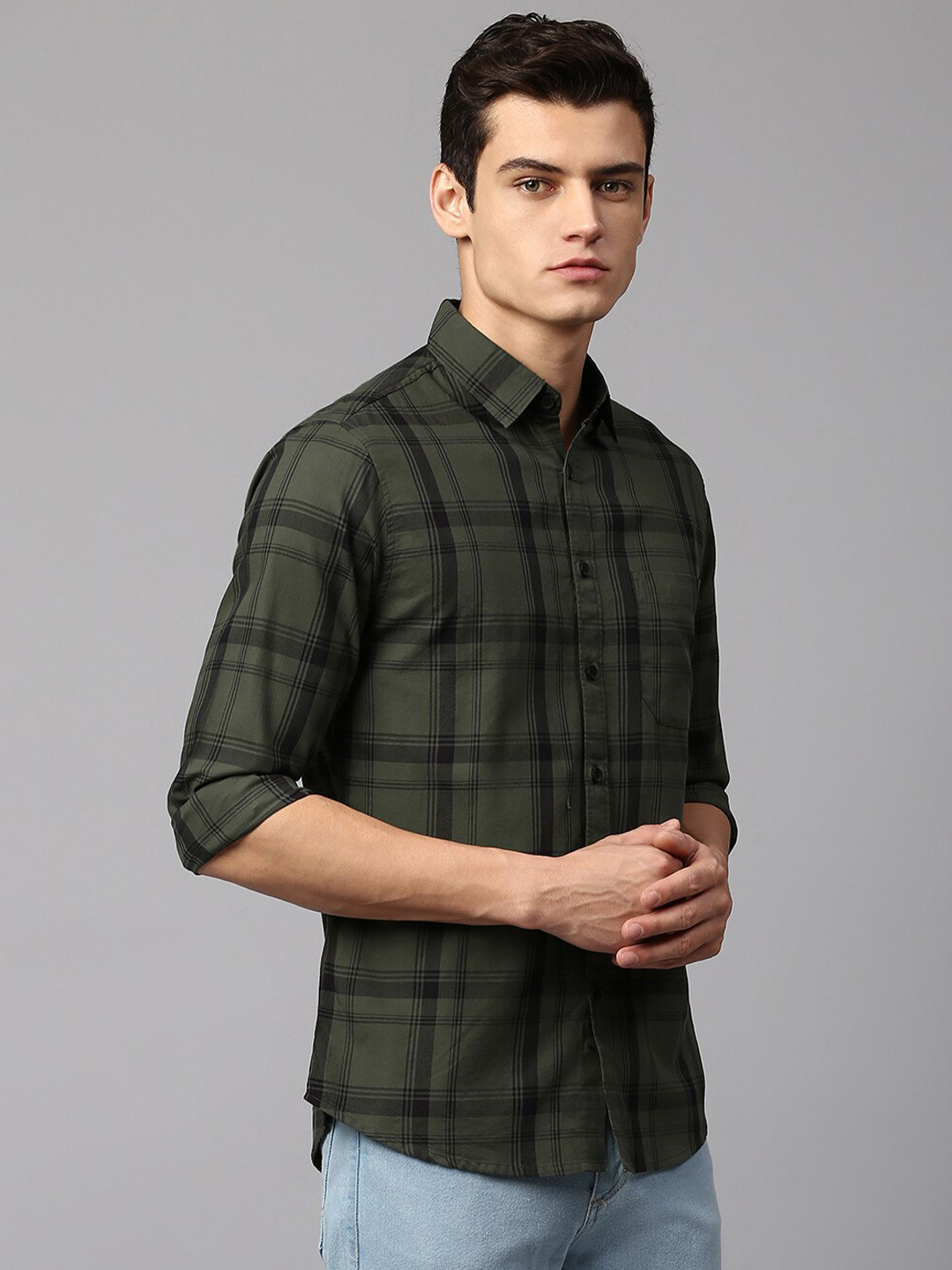 

Dennis Lingo Men Slim Fit Tartan Checks Checked Cotton Casual Shirt, Olive