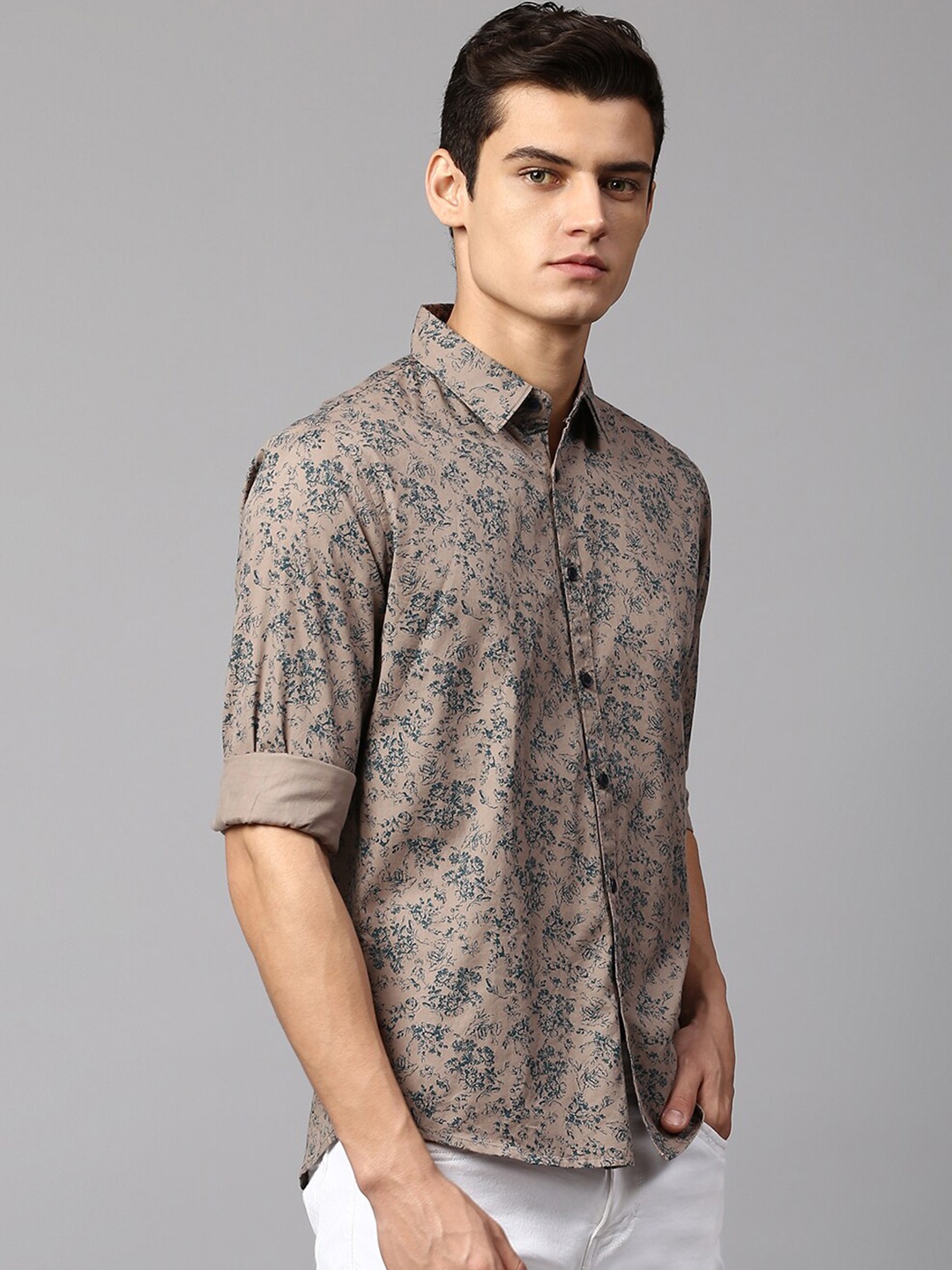 

Dennis Lingo Men Slim Fit Floral Printed Cotton Casual Shirt, Brown