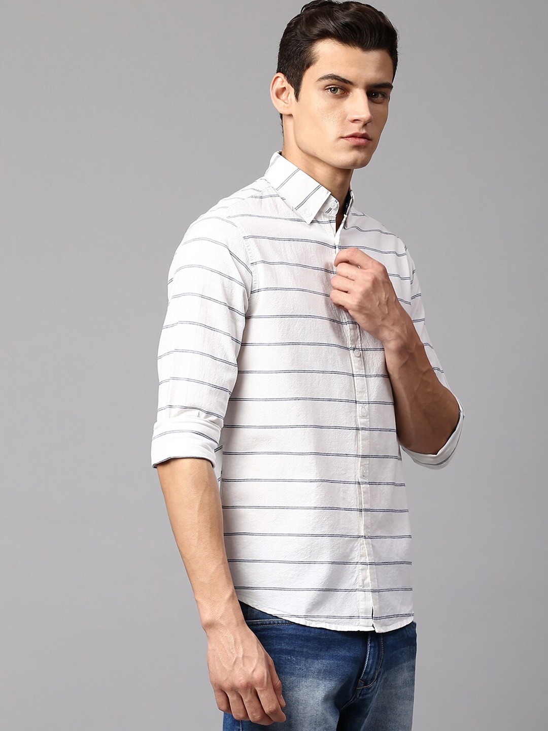 

Dennis Lingo Men Slim Fit Horizontal Striped Cotton Casual Shirt, White