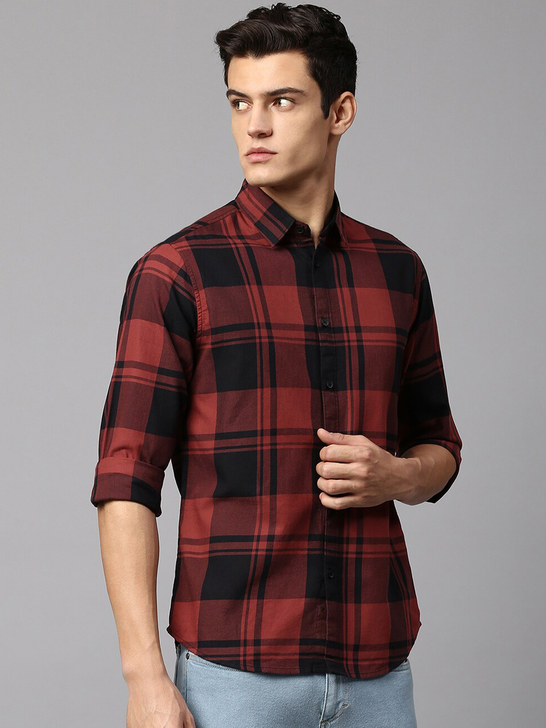 

Dennis Lingo Men Slim Fit Tartan Checks Checked Cotton Casual Shirt, Red