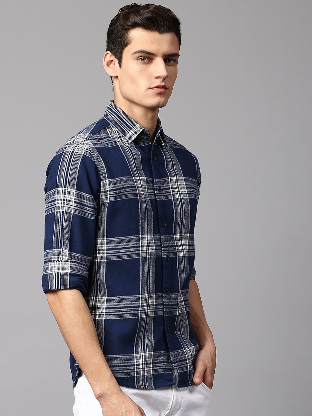 

Dennis Lingo Men Slim Fit Tartan Checks Checked Cotton Casual Shirt, Navy blue