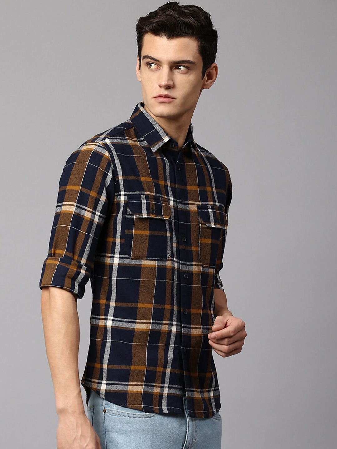 

Dennis Lingo Men Slim Fit Tartan Checks Checked Cotton Casual Shirt, Navy blue