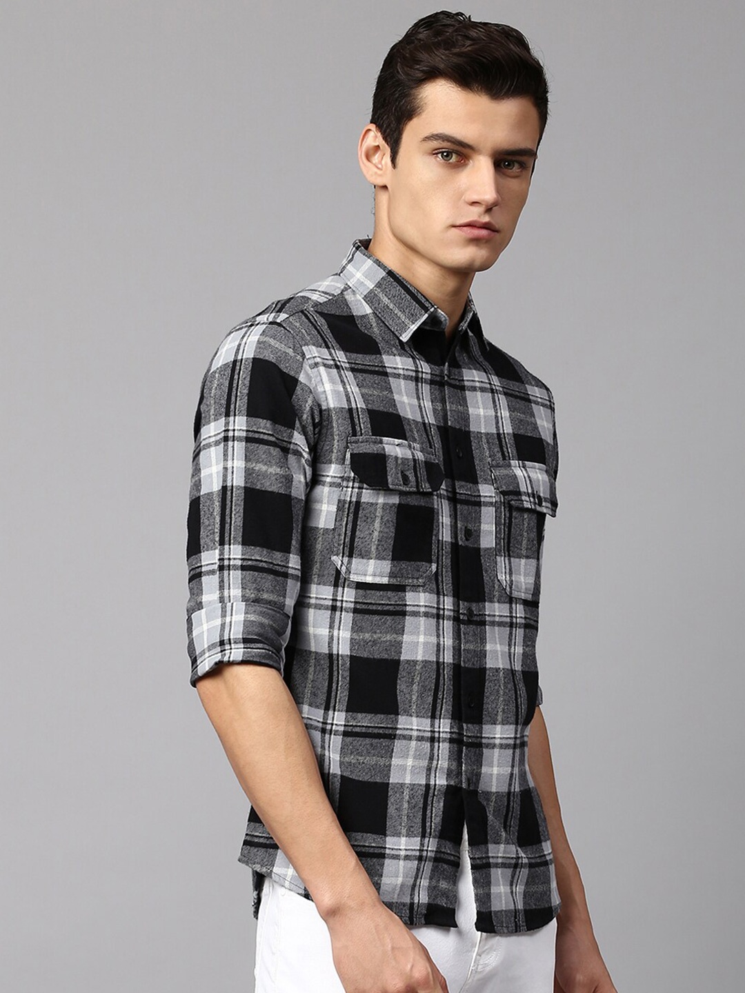 

Dennis Lingo Men Slim Fit Tartan Checks Checked Cotton Casual Shirt, Black