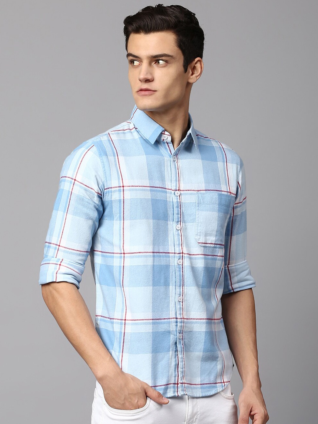 

Dennis Lingo Men Slim Fit Checked Cotton Casual Shirt, Blue