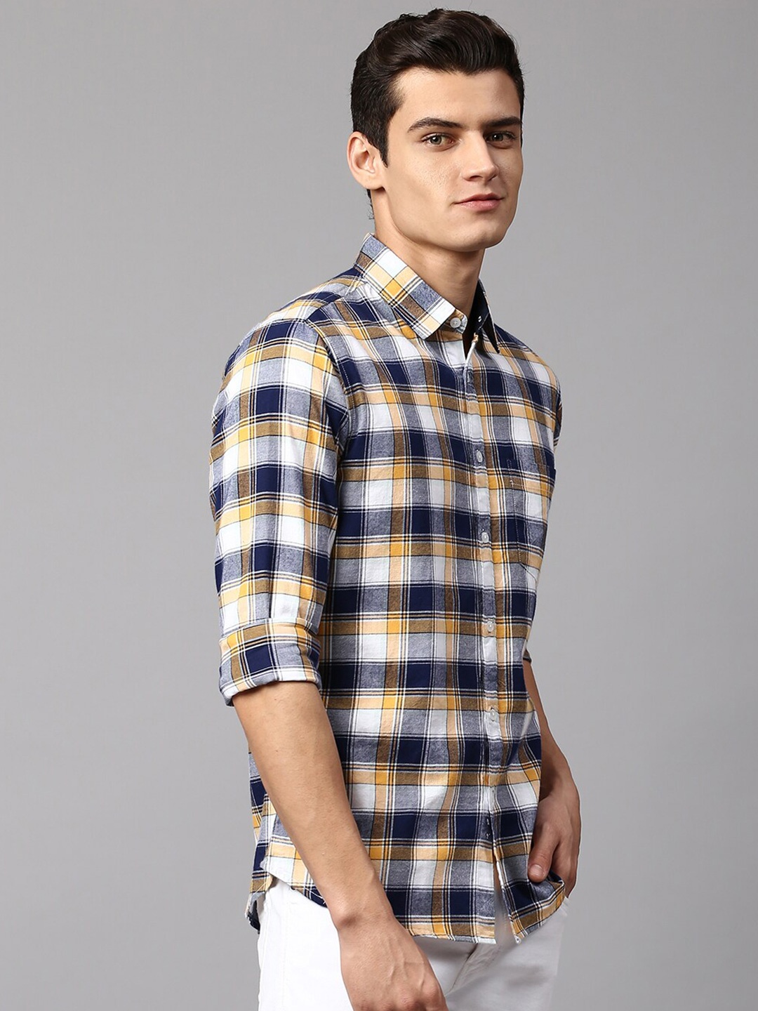 

Dennis Lingo Men Slim Fit Tartan Checks Checked Cotton Casual Shirt, Yellow
