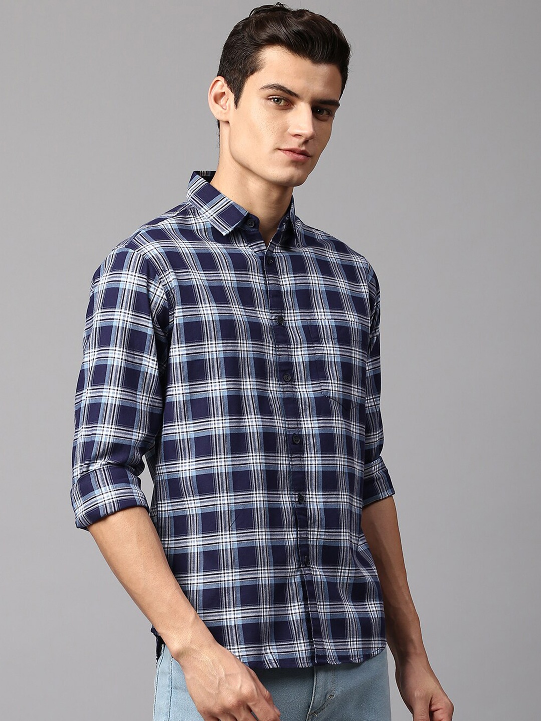 

Dennis Lingo Men Slim Fit Tartan Checks Checked Cotton Casual Shirt, Navy blue