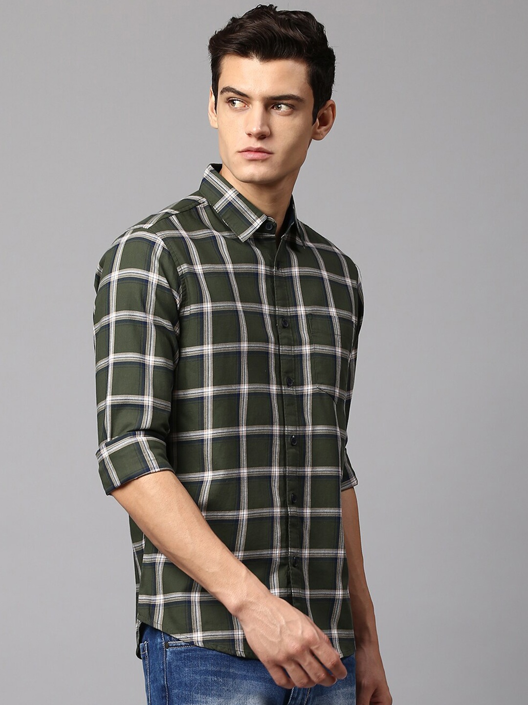 

Dennis Lingo Men Slim Fit Windowpane Checks Checked Cotton Casual Shirt, Olive