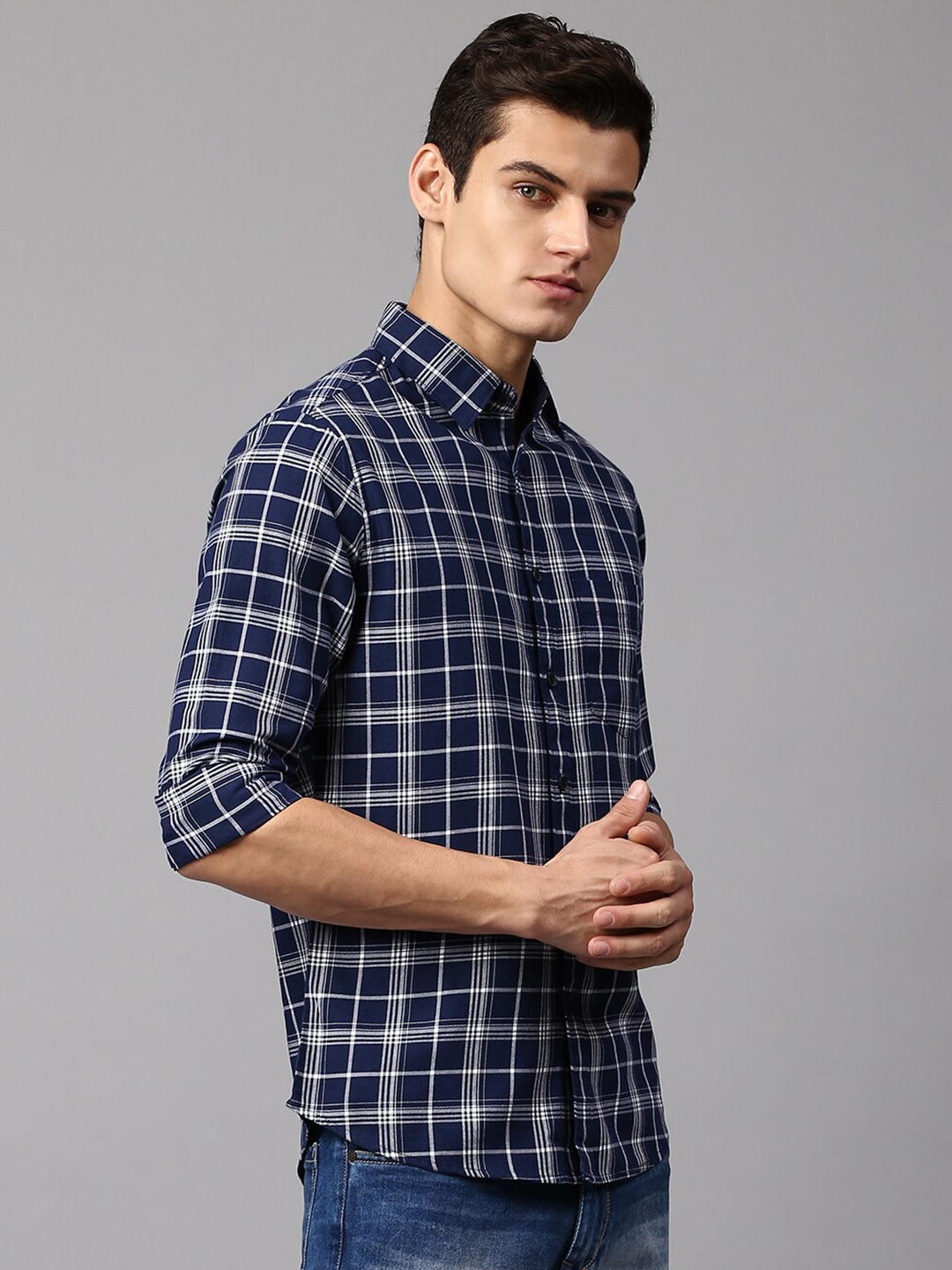 

Dennis Lingo Men Slim Fit Tartan Checks Checked Cotton Casual Shirt, Navy blue