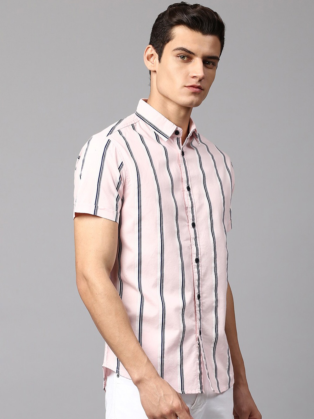 

Dennis Lingo Men Slim Fit Striped Cotton Casual Shirt, Pink