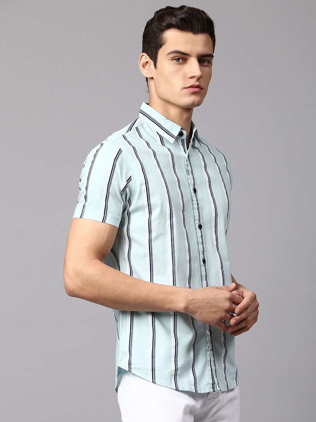

Dennis Lingo Men Slim Fit Striped Cotton Casual Shirt, Blue