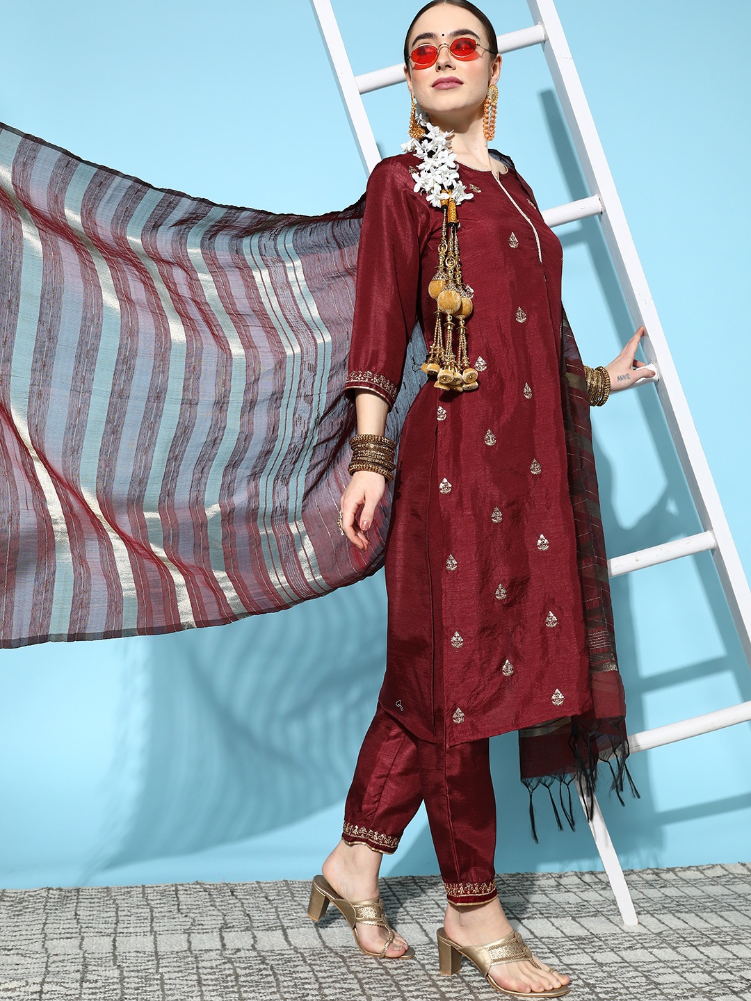 

Ishin Women Maroon Floral Embroidered Kurta with Trousers & Dupatta