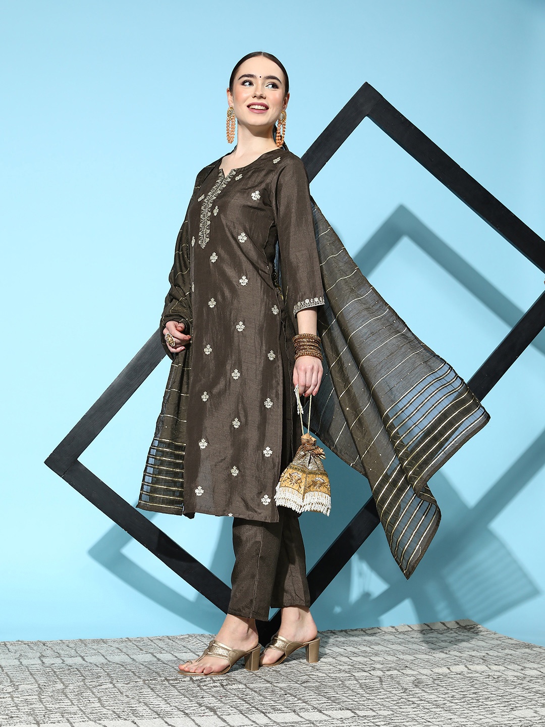

Ishin Women Brown Floral Embroidered Sequinned Kurta with Trousers & Dupatta