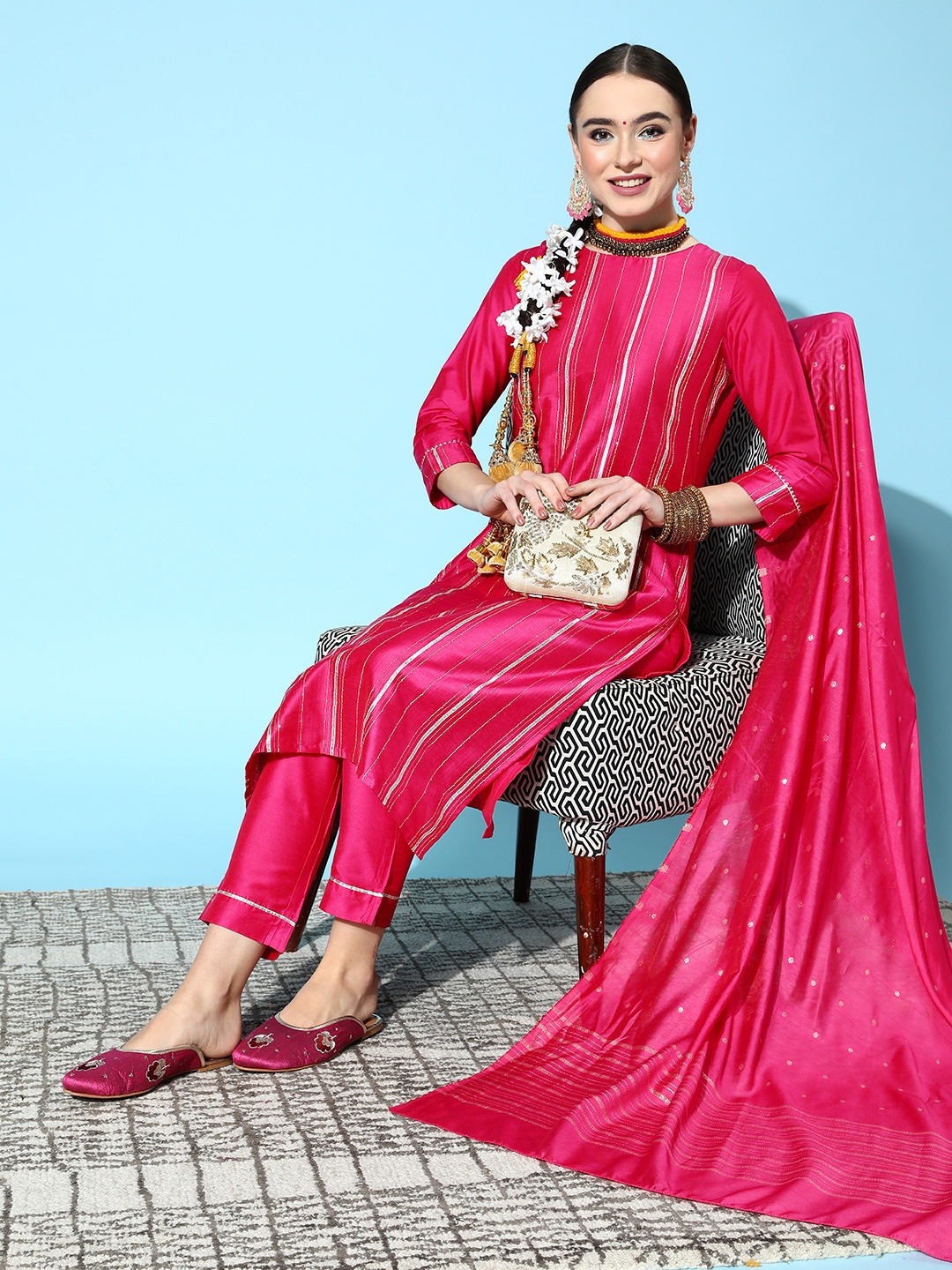 

Ishin Women Pink Embroidered Kurta with Trousers & Dupatta