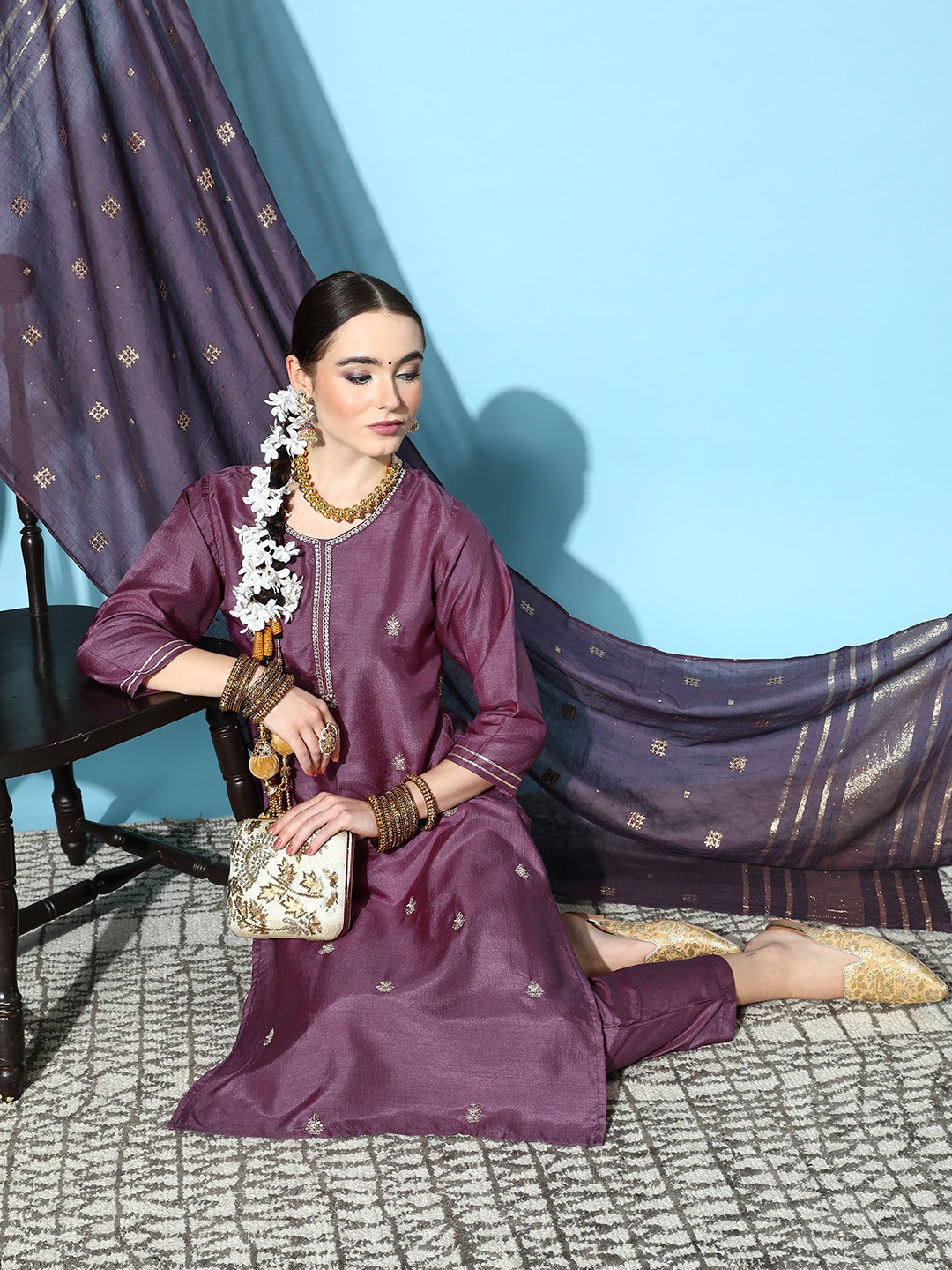 

Ishin Women Purple Floral Embroidered Kurta with Trousers & Dupatta