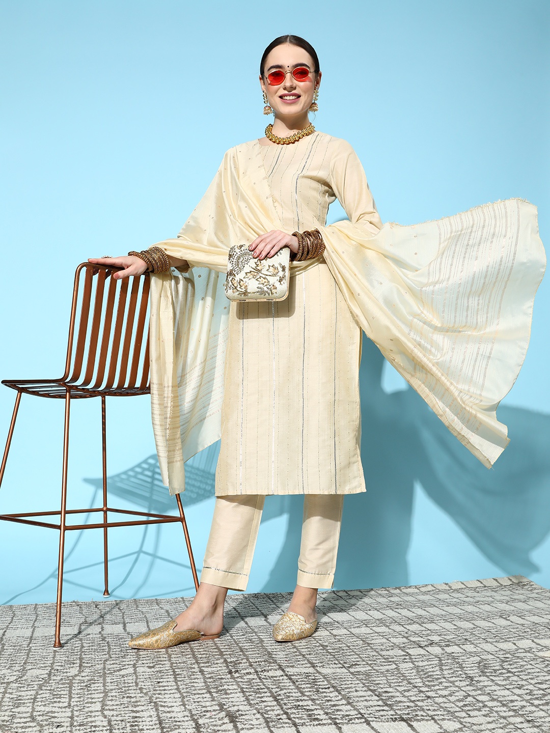 

Ishin Women Cream-Coloured Embroidered Kurta with Trousers & Dupatta
