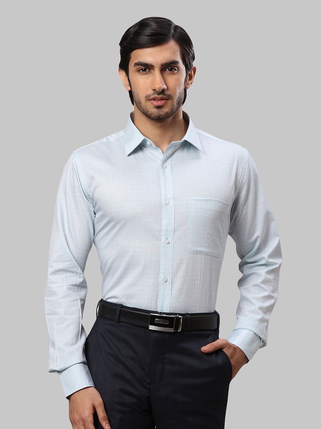 

Raymond Men Slim Fit Micro Checks Checked Cotton Formal Shirt, Blue