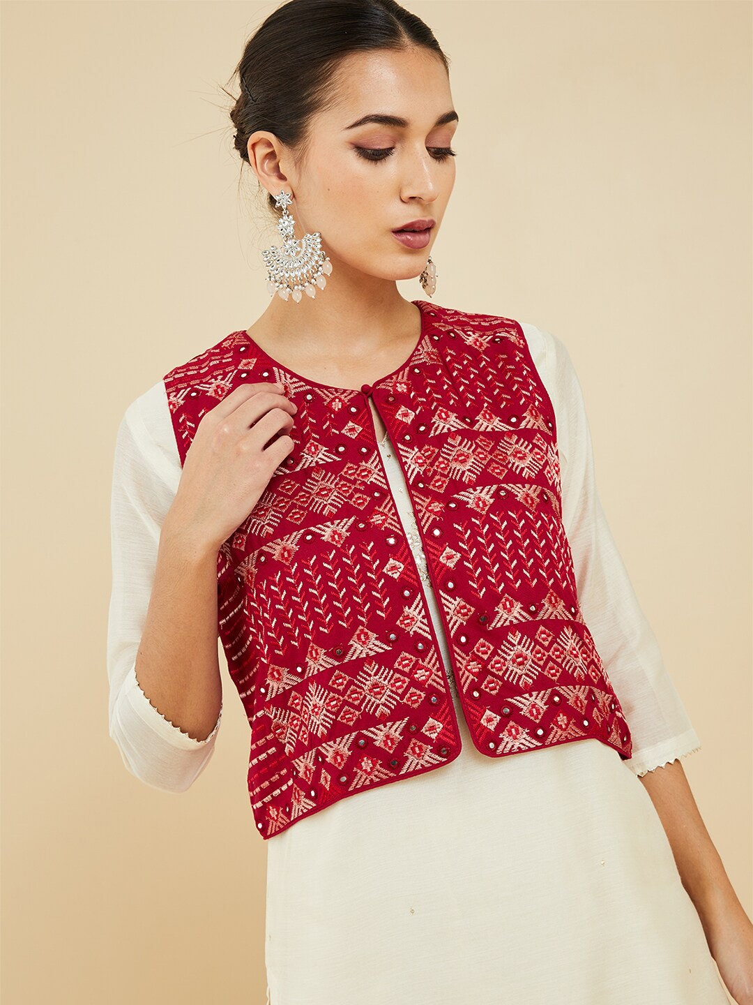 

Soch Women Floral Crop Open Front Jacket with Embroidered, Red
