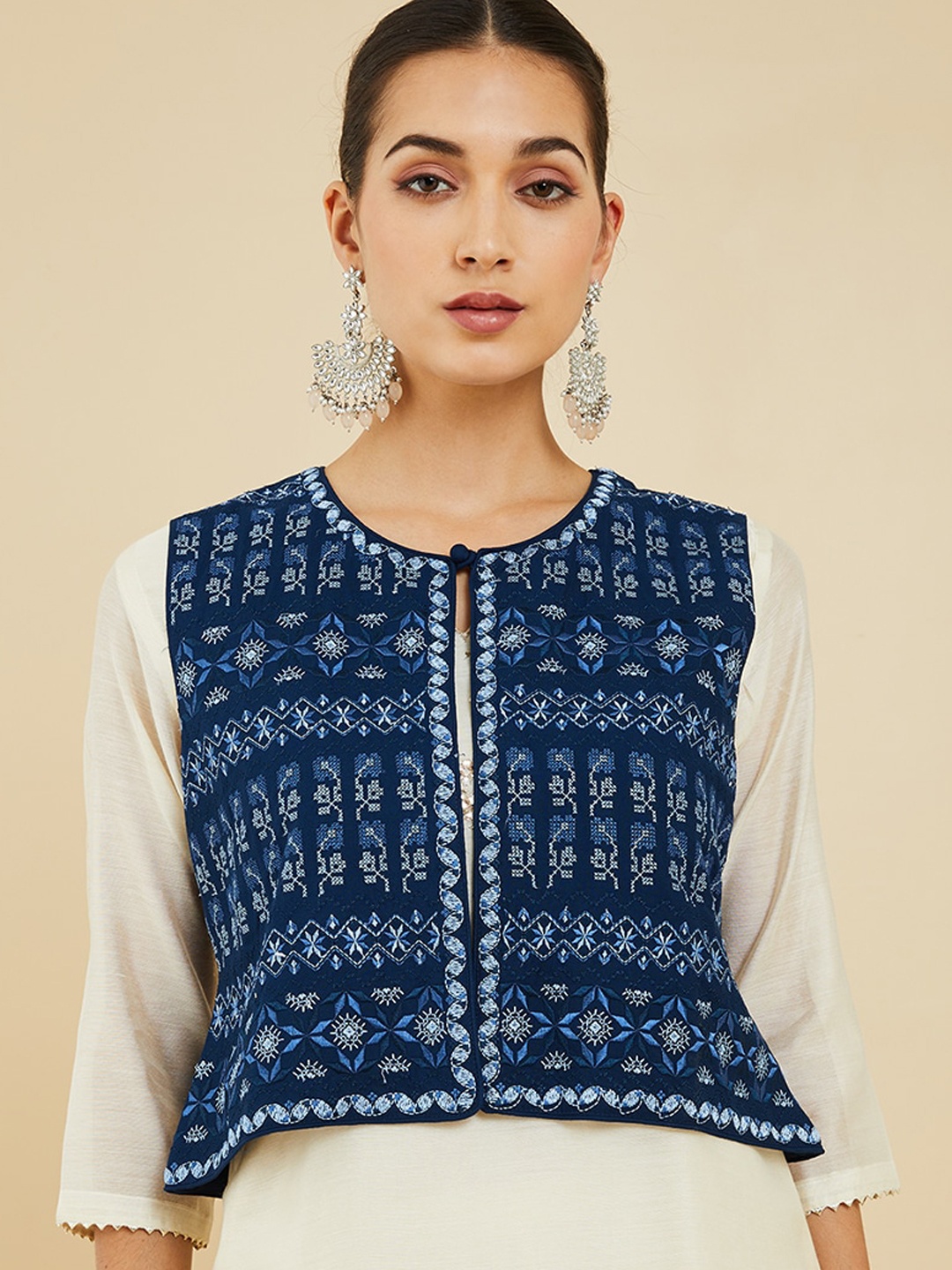 

Soch Women Floral Crop Open Front Jacket, Navy blue