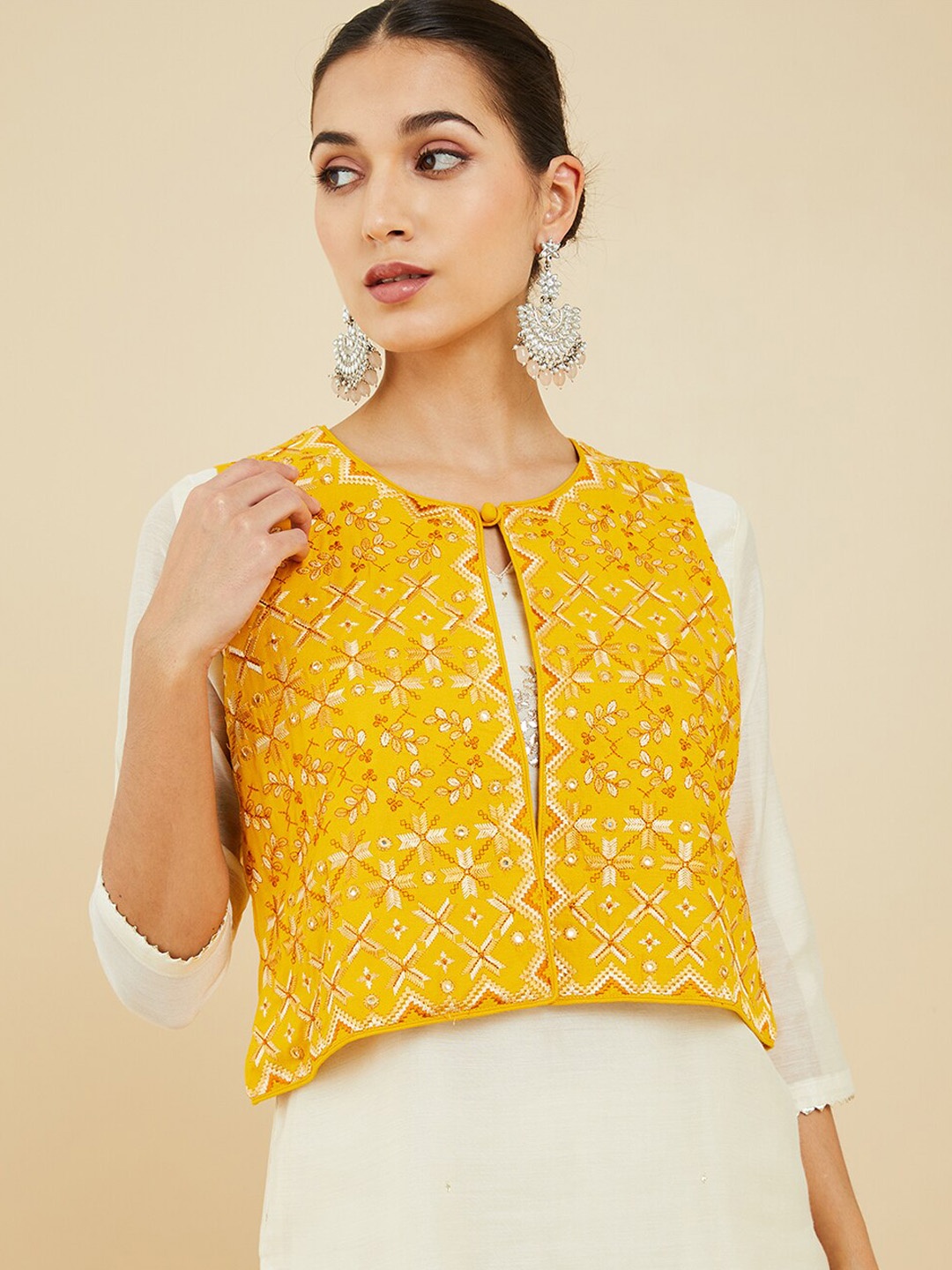 

Soch Women Floral Crop Open Front Jacket with Embroidered, Yellow