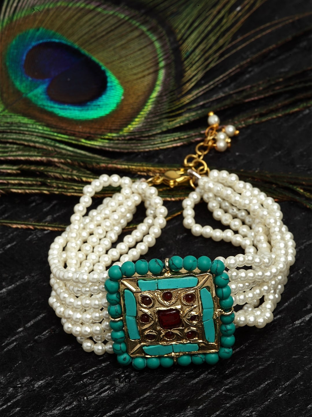 

DUGRISTYLE Women Brass Pearls Gold-Plated Charm Bracelet, Blue
