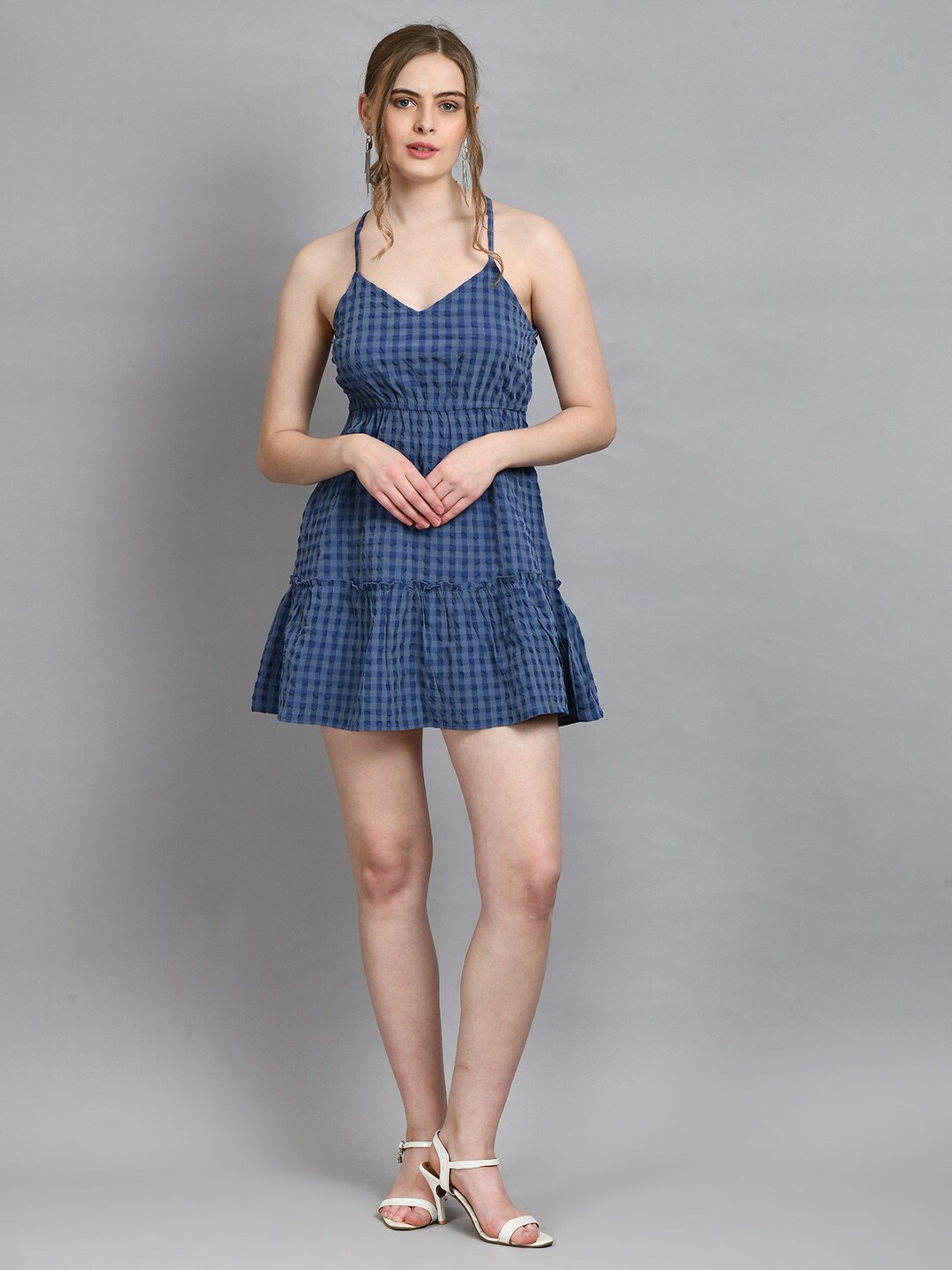 

PRETTY LOVING THING Checked A-Line Mini Dress, Blue
