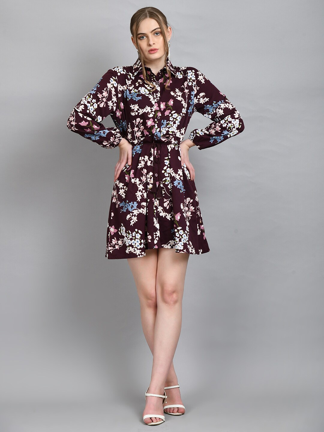 

PRETTY LOVING THING Floral Shirt Mini Dress, Maroon