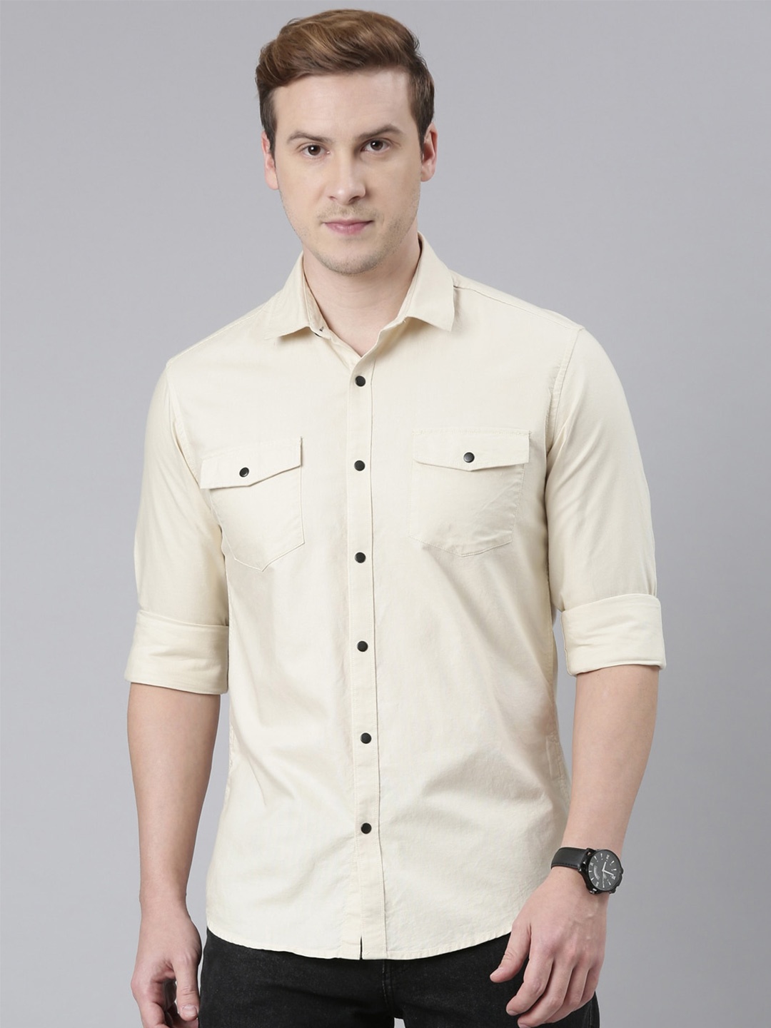 

Bushirt Men Cotton Classic Casual Shirt, Cream