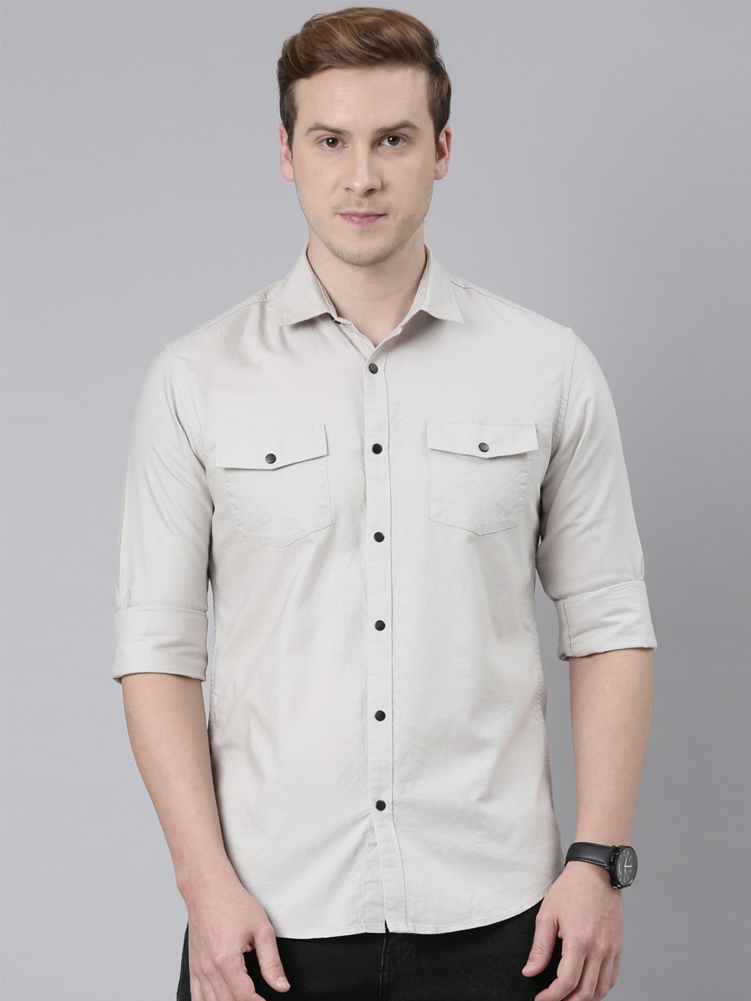 

Bushirt Men Cotton Solid Classic Casual Shirt, Grey