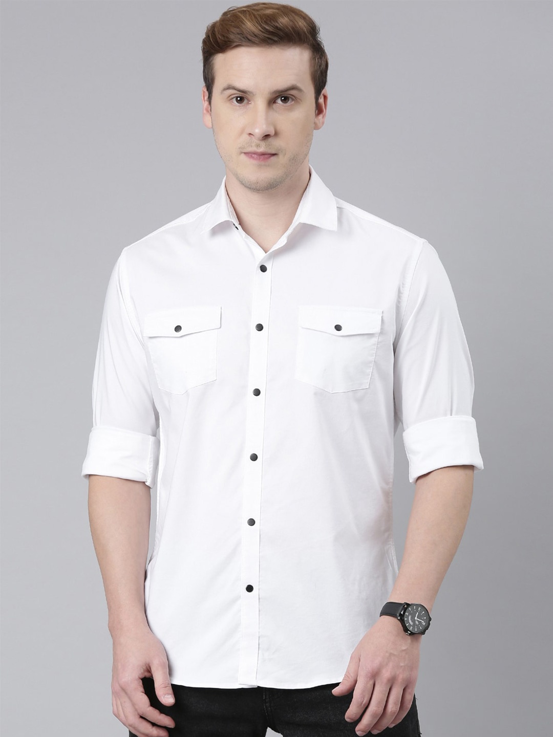 

Bushirt Men Cotton Classic Casual Shirt, White