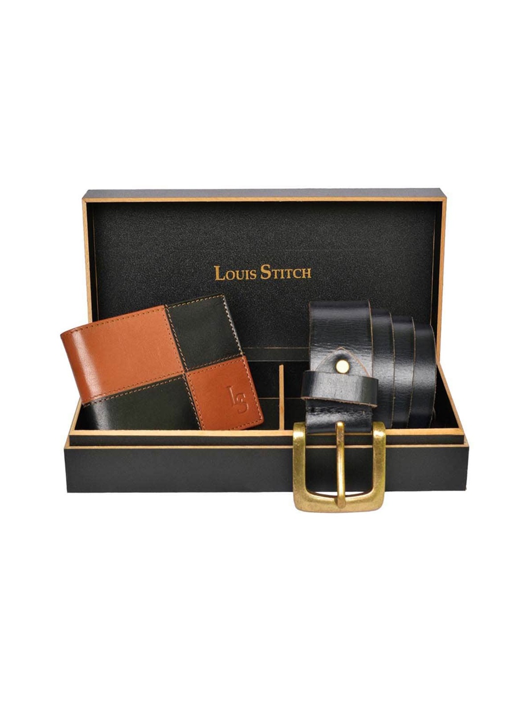 

LOUIS STITCH Set of 2 Men Genuine Leather Belt & Wallet Accessory Gift Set, Brown