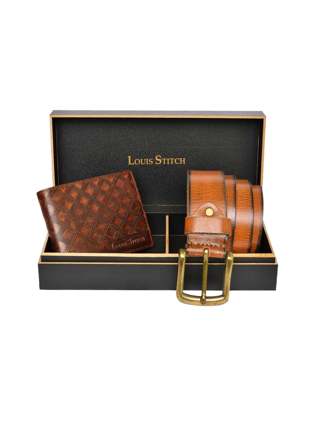 

LOUIS STITCH Set of 2 Brown Men Genuine Leather Belt & Textured Wallet Accessory Gift Set
