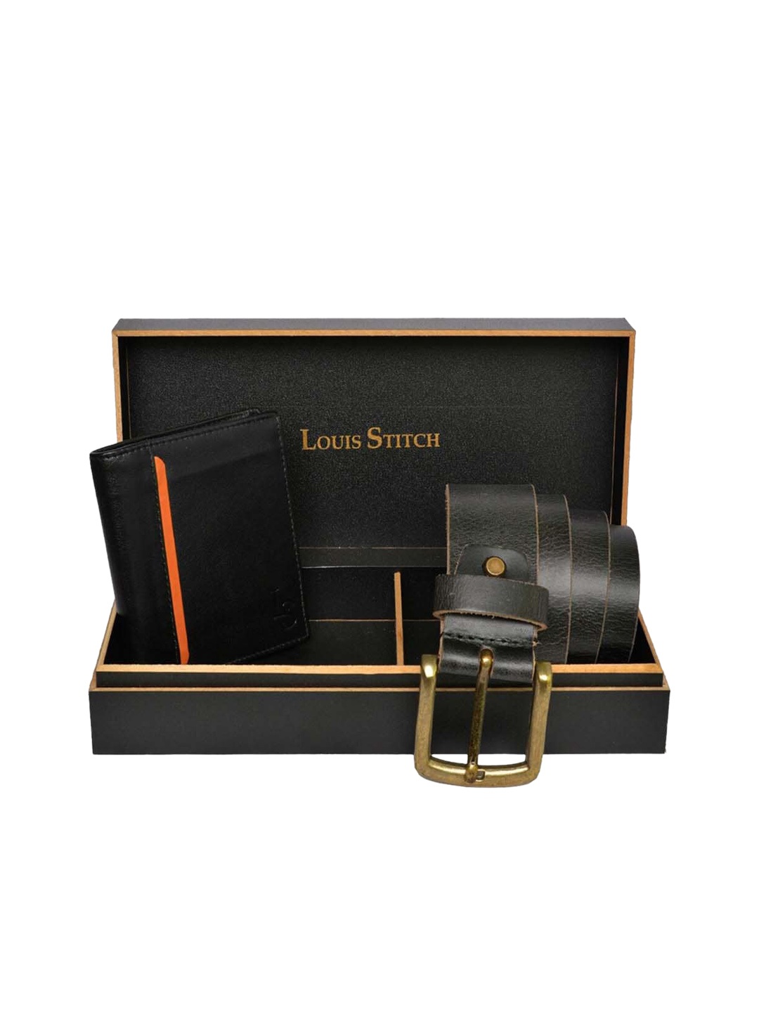 

LOUIS STITCH Set of 2 Men Genuine Leather Belt & Wallet Accessory Gift Set, Black