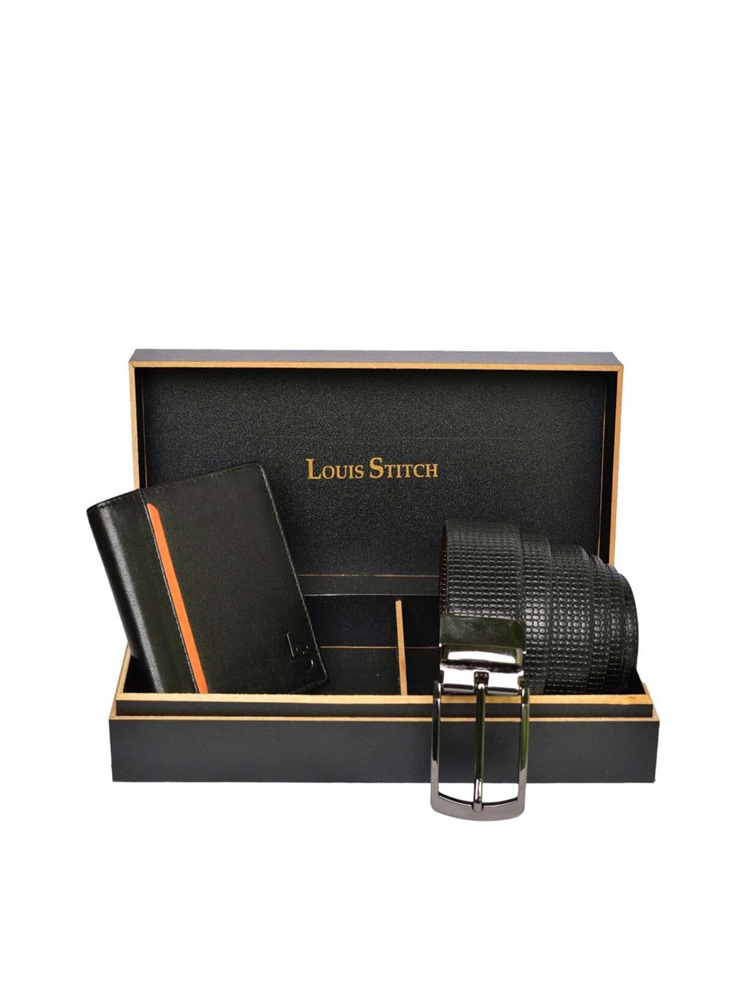 

LOUIS STITCH Set of 2 Men Genuine Leather Belt & Wallet Accessory Gift Set, Black