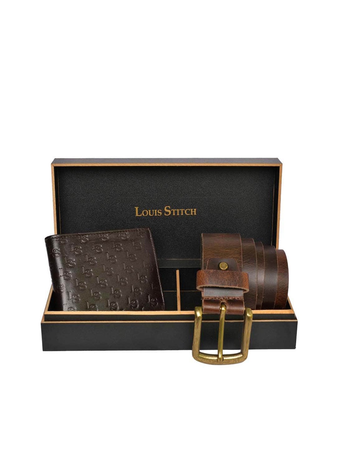 

LOUIS STITCH Set of 2 Men Genuine Leather Belt & Wallet Accessory Gift Set, Brown