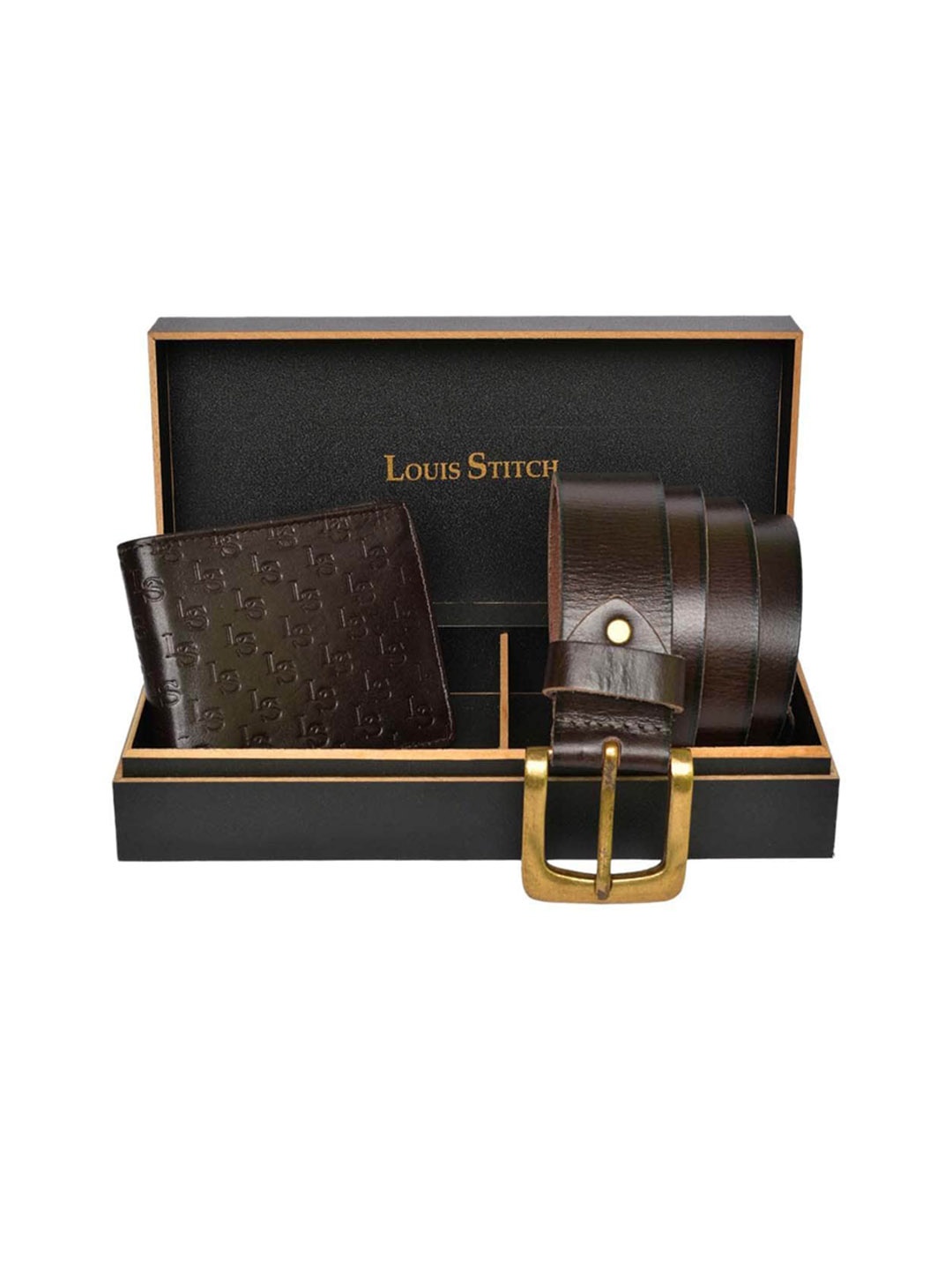 

LOUIS STITCH Set of 2 Men Leather Belt & Wallet Accessory Gift Set, Brown