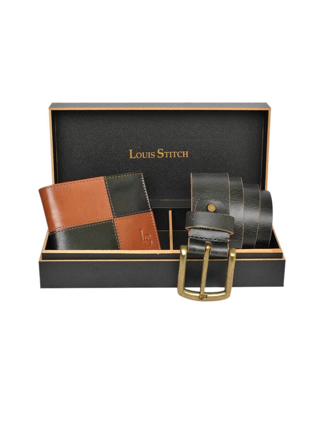 

LOUIS STITCH Set of 2 Men Genuine Leather Belt & Wallet Accessory Gift Set, Black