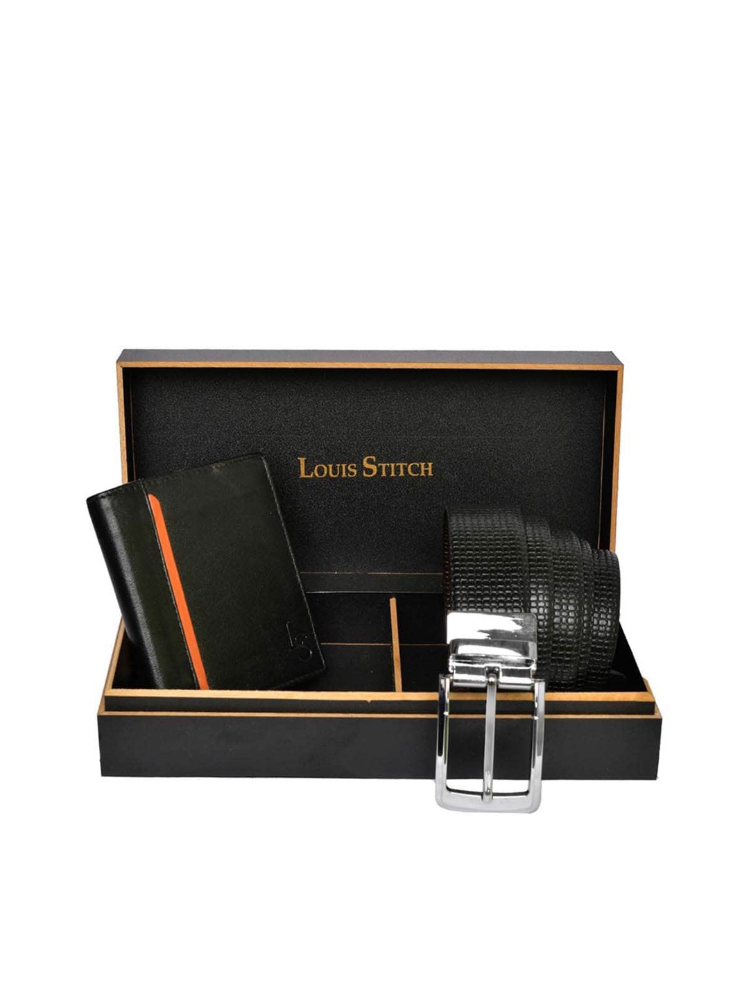 

LOUIS STITCH Set of 2 Men Genuine Leather Belt & Wallet Accessory Gift Set, Black