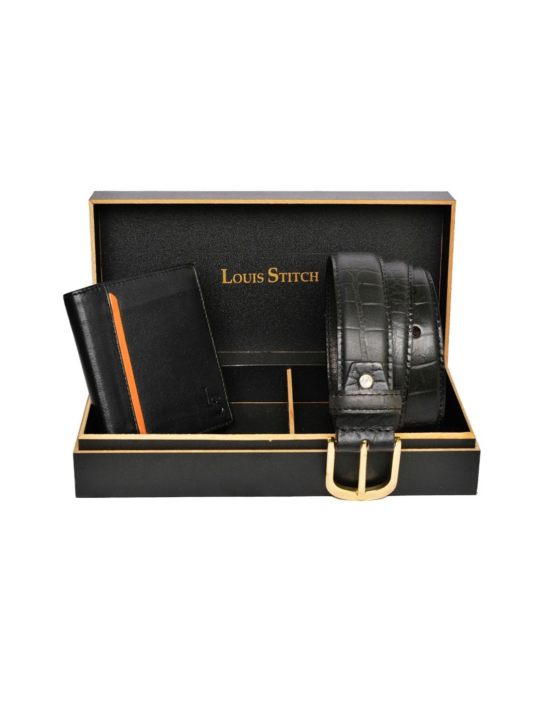 

LOUIS STITCH Set of 2 Black Men Leather Belt & Wallet Accessory Gift Set