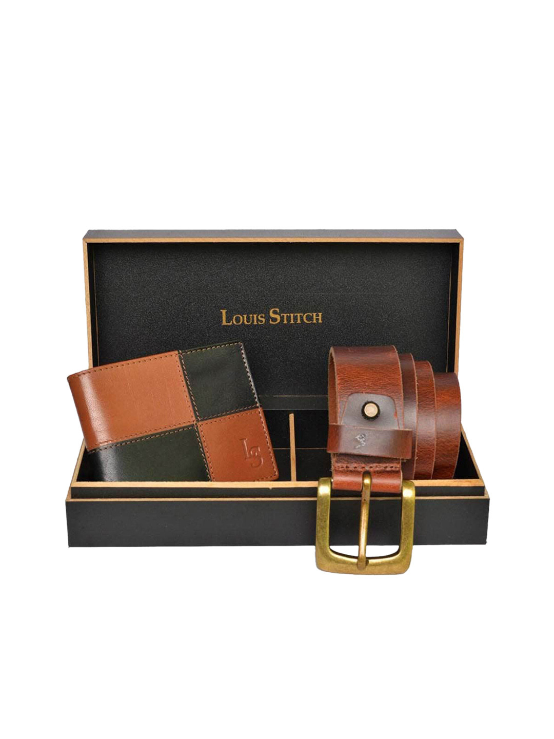 

LOUIS STITCH Set of 2 Tan Men Genuine Leather Belt & Wallet Accessory Gift Set