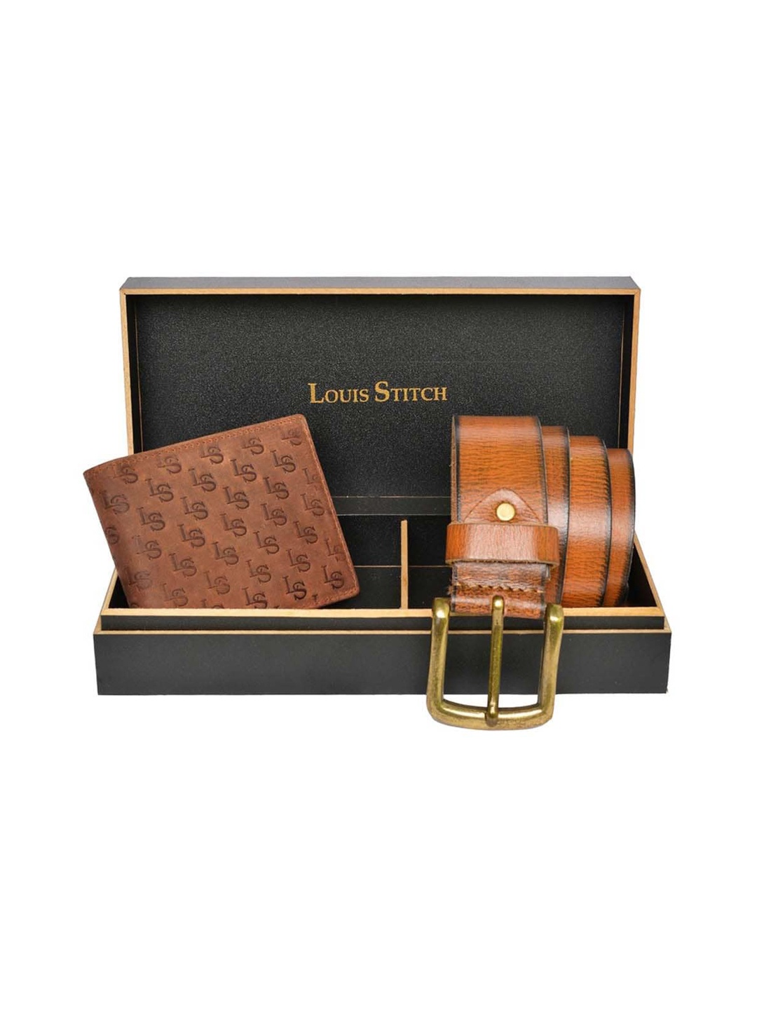 

LOUIS STITCH Set of 2 Men Brown Leather Belt & Wallet Accessory Gift Set