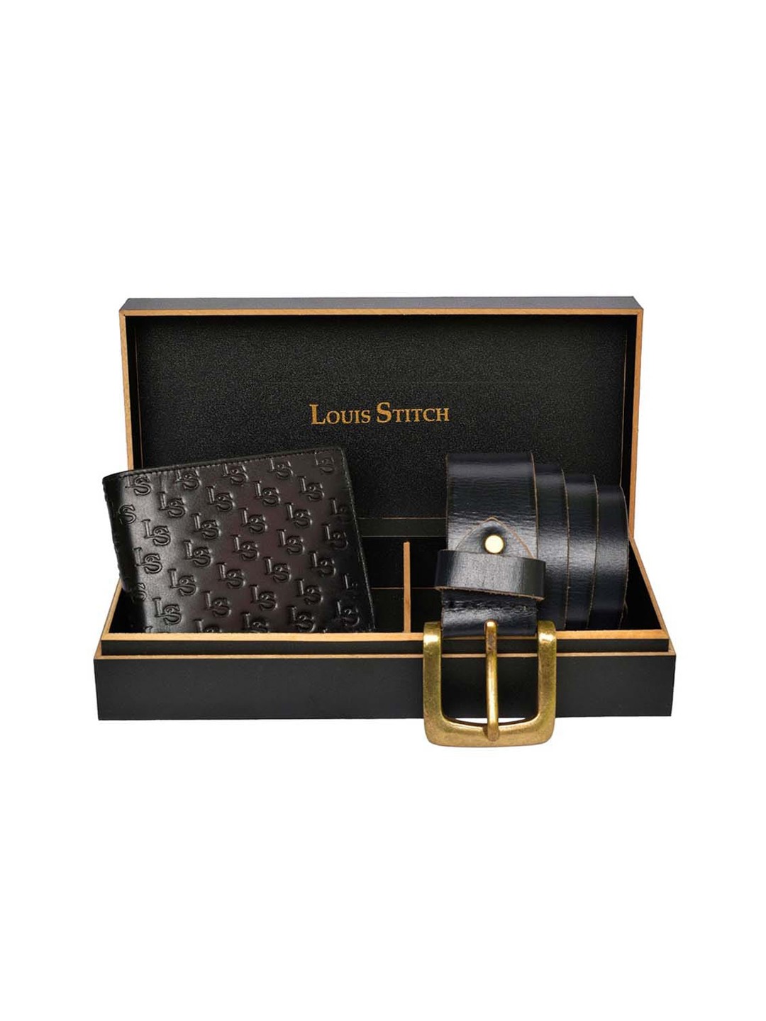

LOUIS STITCH Set of 2 Black Men Genuine Leather Belt & Wallet Accessory Gift Set