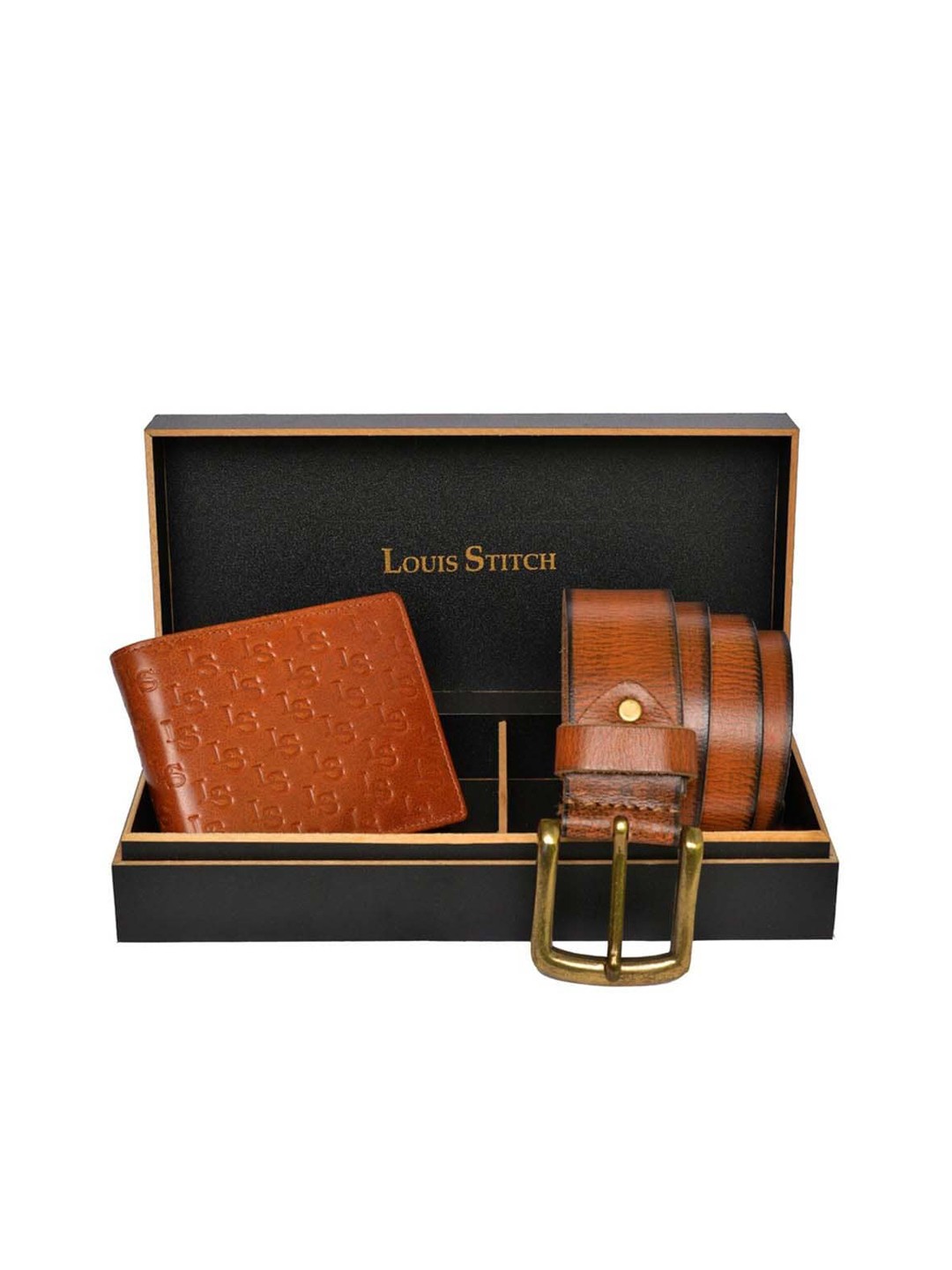 

LOUIS STITCH Set of 2 Brown Men Genuine Leather Belt & Wallet Accessory Gift Set